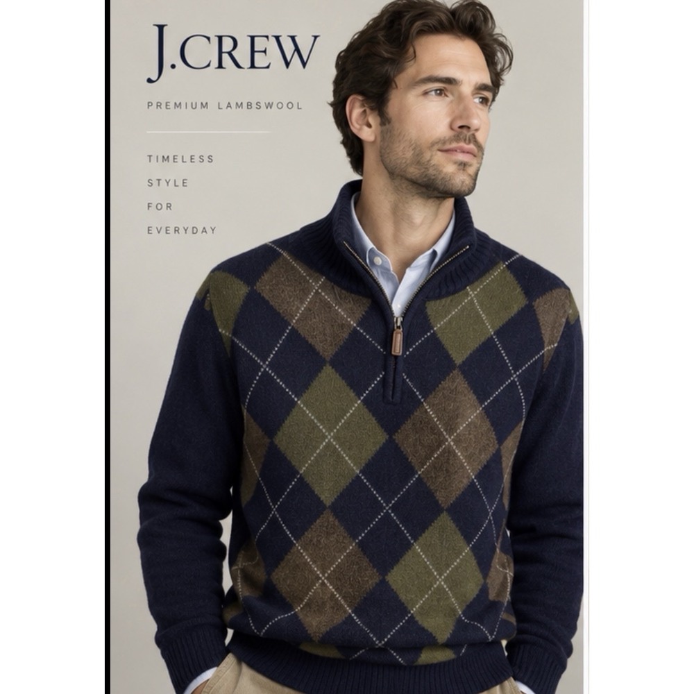J.Crew 100% Lambswool 1/4 Zip Sweater Men's L Argyle Elbow Patches Preppy